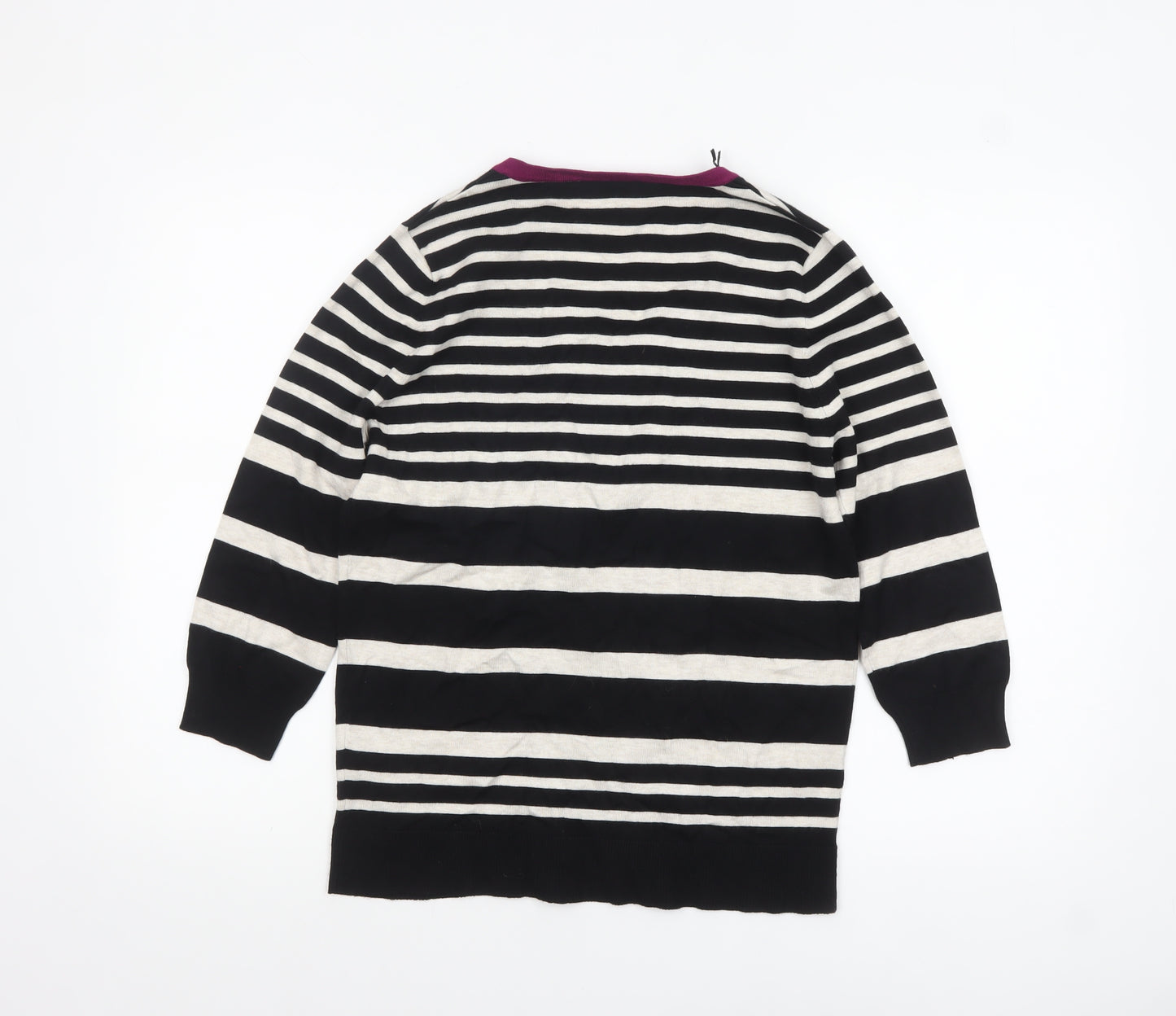 M&Co Womens Black Striped 3/4 Sleeve Cardigan Size 14
