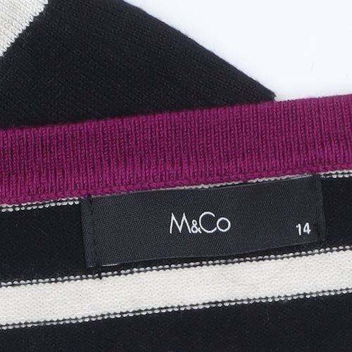 M&Co Womens Black Striped 3/4 Sleeve Cardigan Size 14