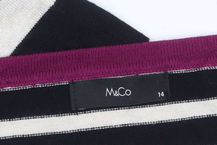 M&Co Womens Black Striped 3/4 Sleeve Cardigan Size 14