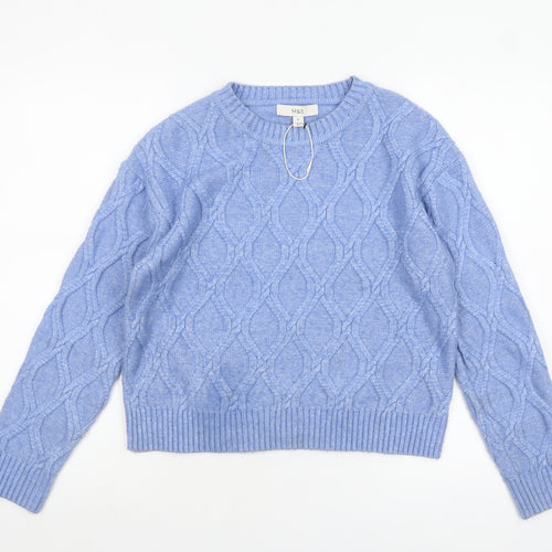 Marks & Spencer Womens Blue Cable Knit Jumper XS Crew Neck Pullover