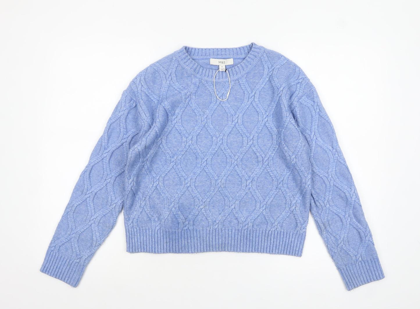 Marks & Spencer Womens Blue Cable Knit Jumper XS Crew Neck Pullover