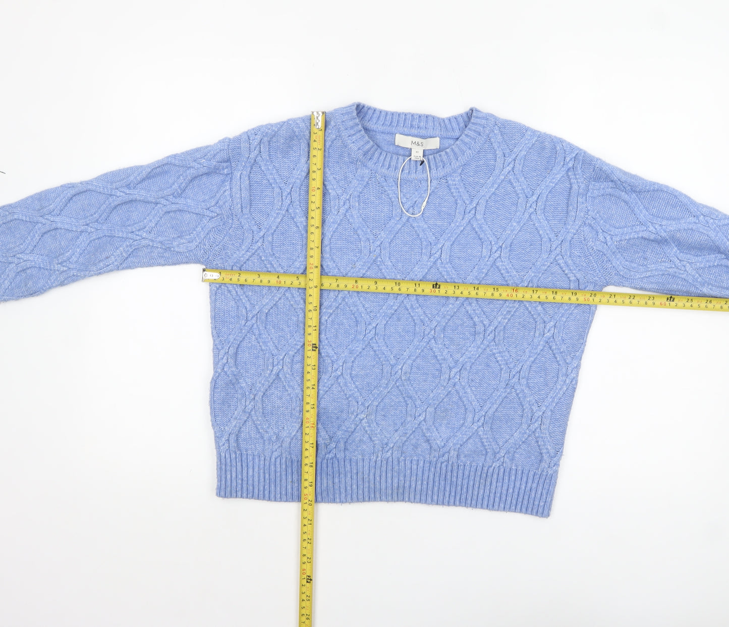 Marks & Spencer Womens Blue Cable Knit Jumper XS Crew Neck Pullover