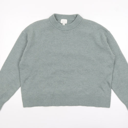 H&M Women’s Green Beaded Mock Neck Pullover Jumper Size 12