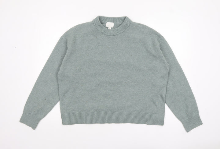 H&M Women’s Green Beaded Mock Neck Pullover Jumper Size 12