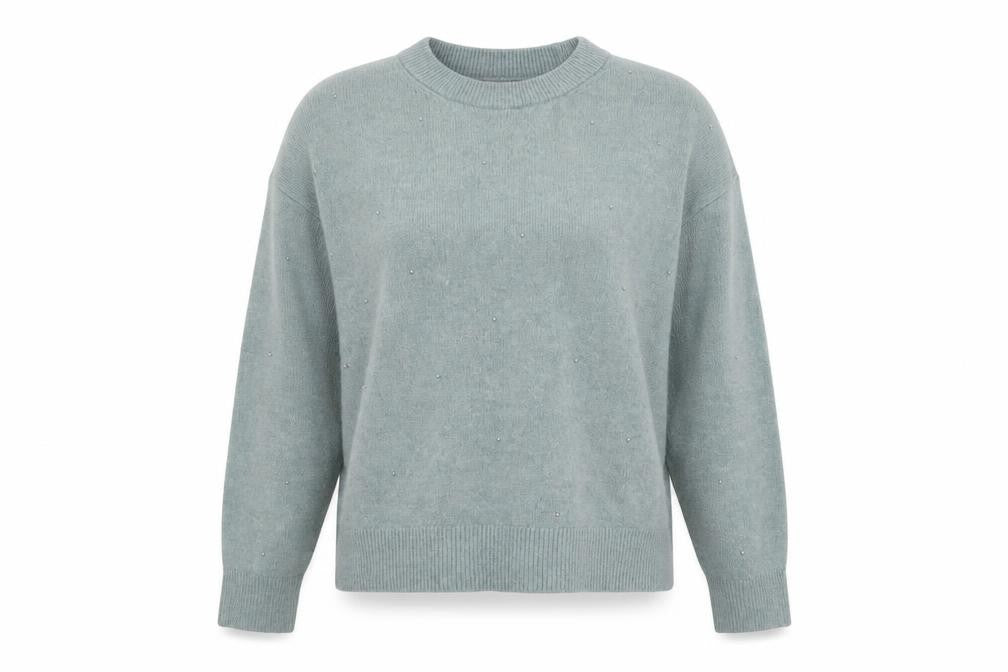 Front view of H&M Women’s Green Beaded Mock Neck jumper, size UK 12