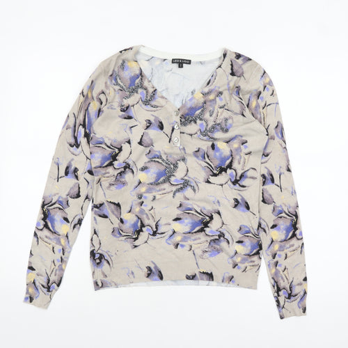 Leo & Ugo Women Beige Floral V-Neck Henley Knit Jumper M