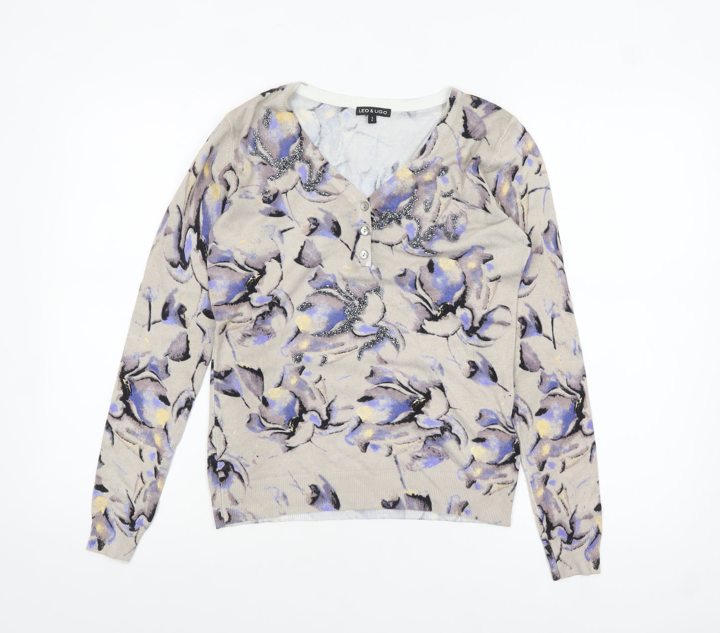Leo & Ugo Women Beige Floral V-Neck Henley Knit Jumper M