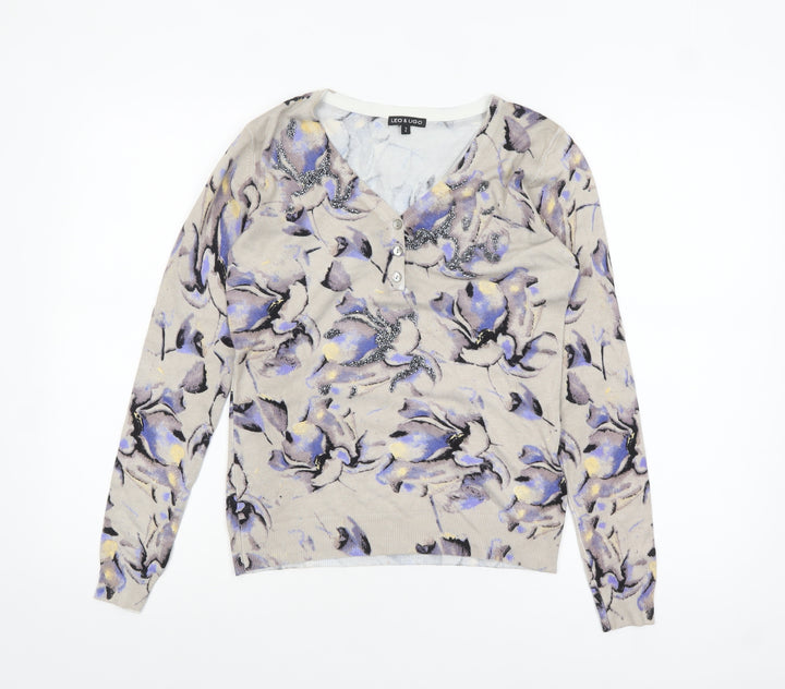 Leo & Ugo Women Beige Floral V-Neck Henley Knit Jumper M