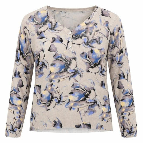 Leo & Ugo Women Beige Floral V-Neck Henley Knit Jumper M