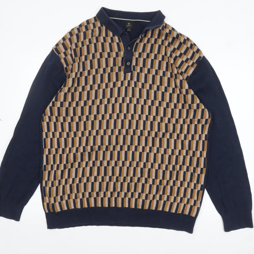 Next Men's Blue Geometric Cotton Henley Jumper XL