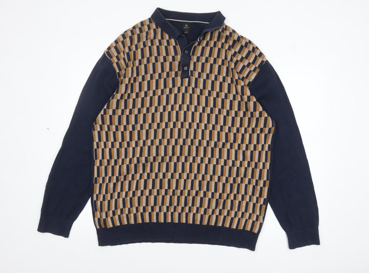 Next Men's Blue Geometric Cotton Henley Jumper XL