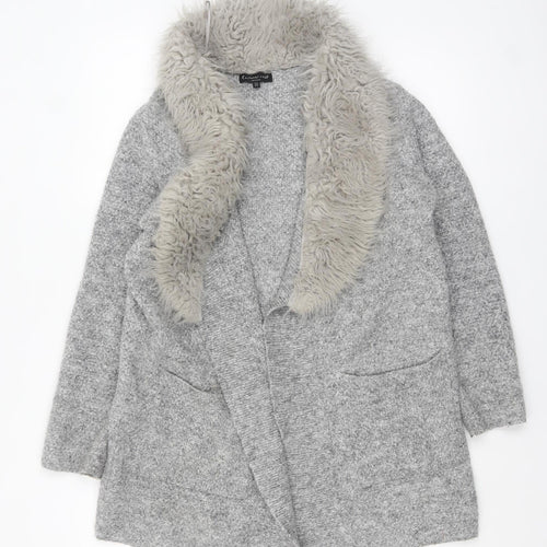 F&F Women’s Grey Faux Fur Trim Open Cardigan Size 14 Knitwear
