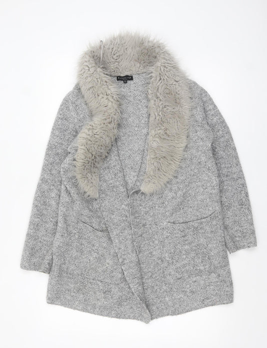 F&F Women’s Grey Faux Fur Trim Open Cardigan Size 14 Knitwear