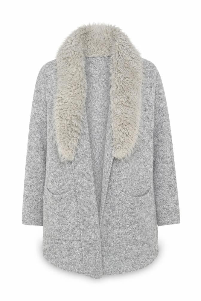 F&F Women’s Grey Faux Fur Trim Open Cardigan Size 14 Knitwear