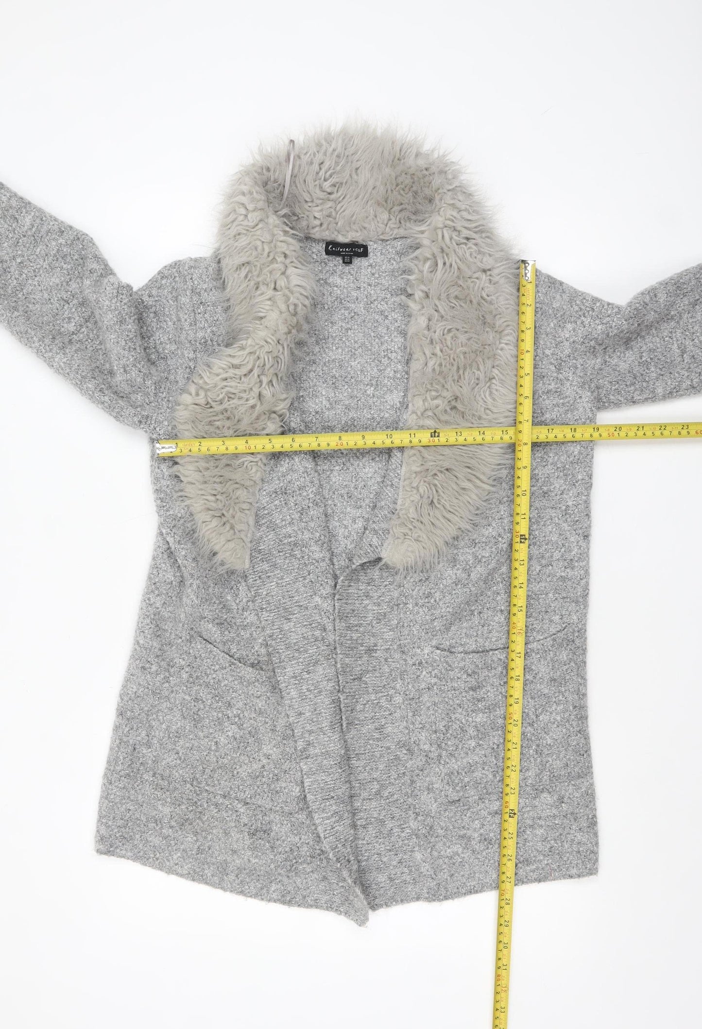 F&F Women’s Grey Faux Fur Trim Open Cardigan Size 14 Knitwear