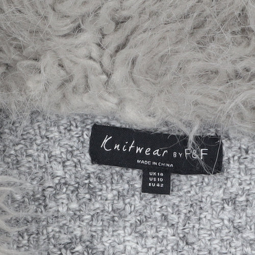 F&F Women’s Grey Faux Fur Trim Open Cardigan Size 14 Knitwear