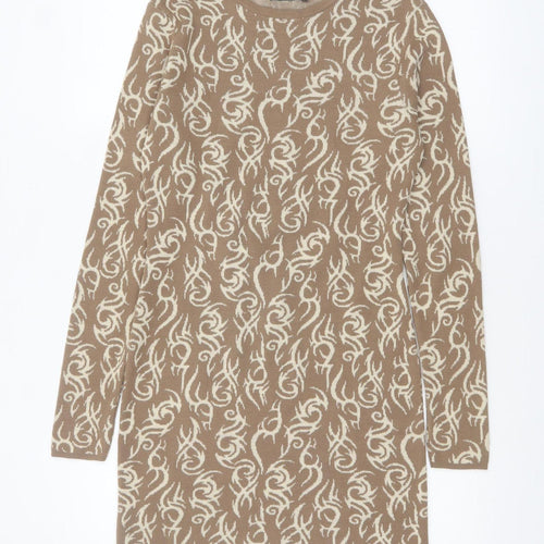 ASOS Women Beige Long Sleeve Knit Bodycon Mini Dress UK 8