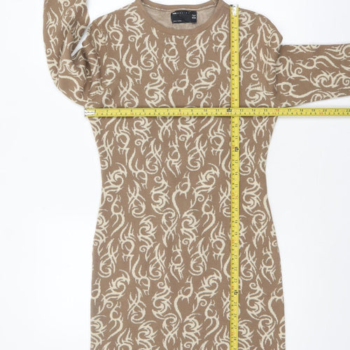 ASOS Women Beige Long Sleeve Knit Bodycon Mini Dress UK 8
