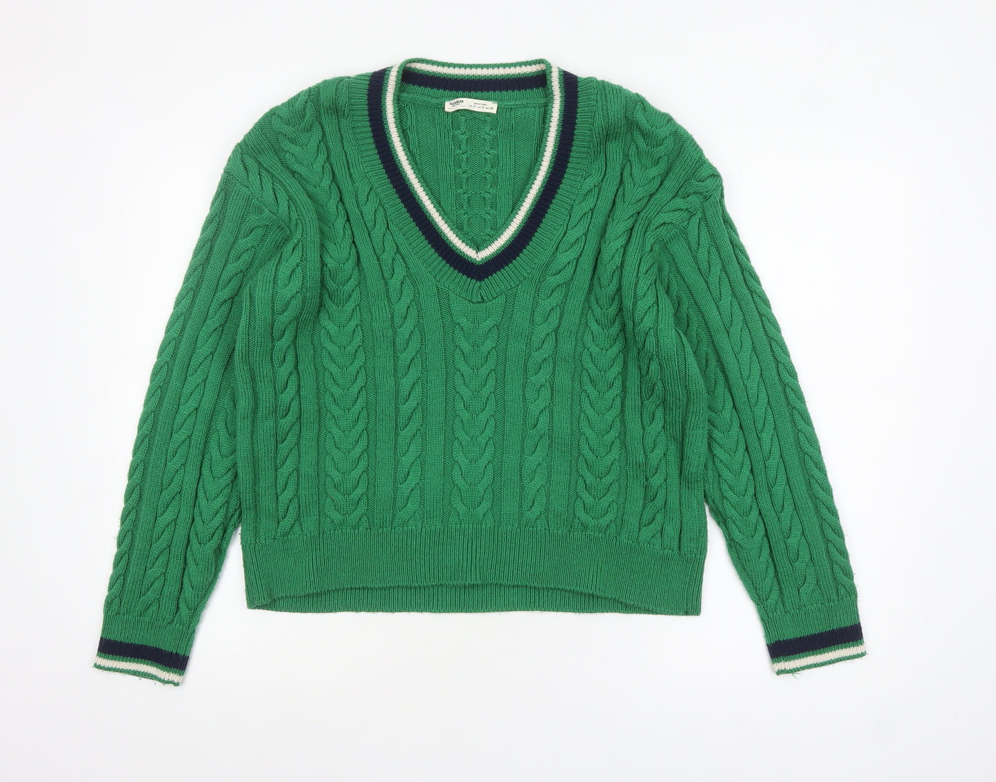 Pull & Bear Women's Green V-Neck Cable Knit Cotton Jumper Size 8