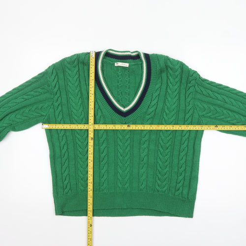 Pull & Bear Women's Green V-Neck Cable Knit Cotton Jumper Size 8