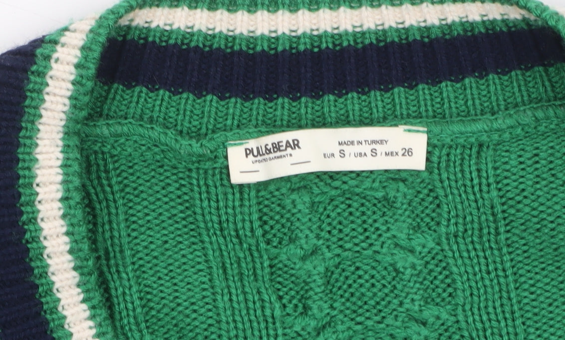 Pull & Bear Women's Green V-Neck Cable Knit Cotton Jumper Size 8