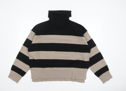 New Look Women's Black & Beige Striped Roll Neck Jumper Size L