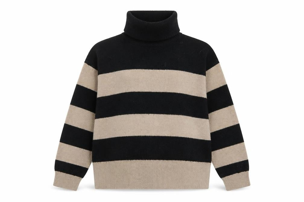 Front view of New Look Women's Black & Beige Striped Roll Neck Jumper, size L