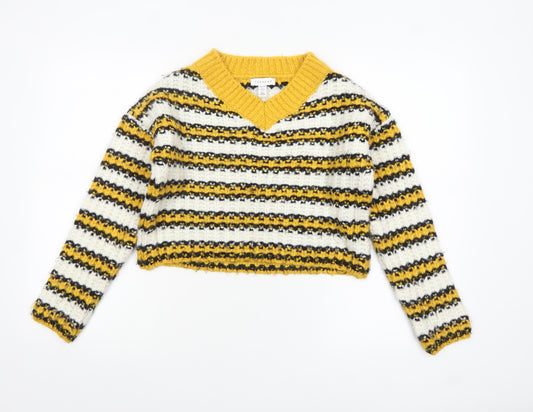 Topshop Petite Women’s Multicoloured Striped V-Neck Chunky Knit Jumper Size 6