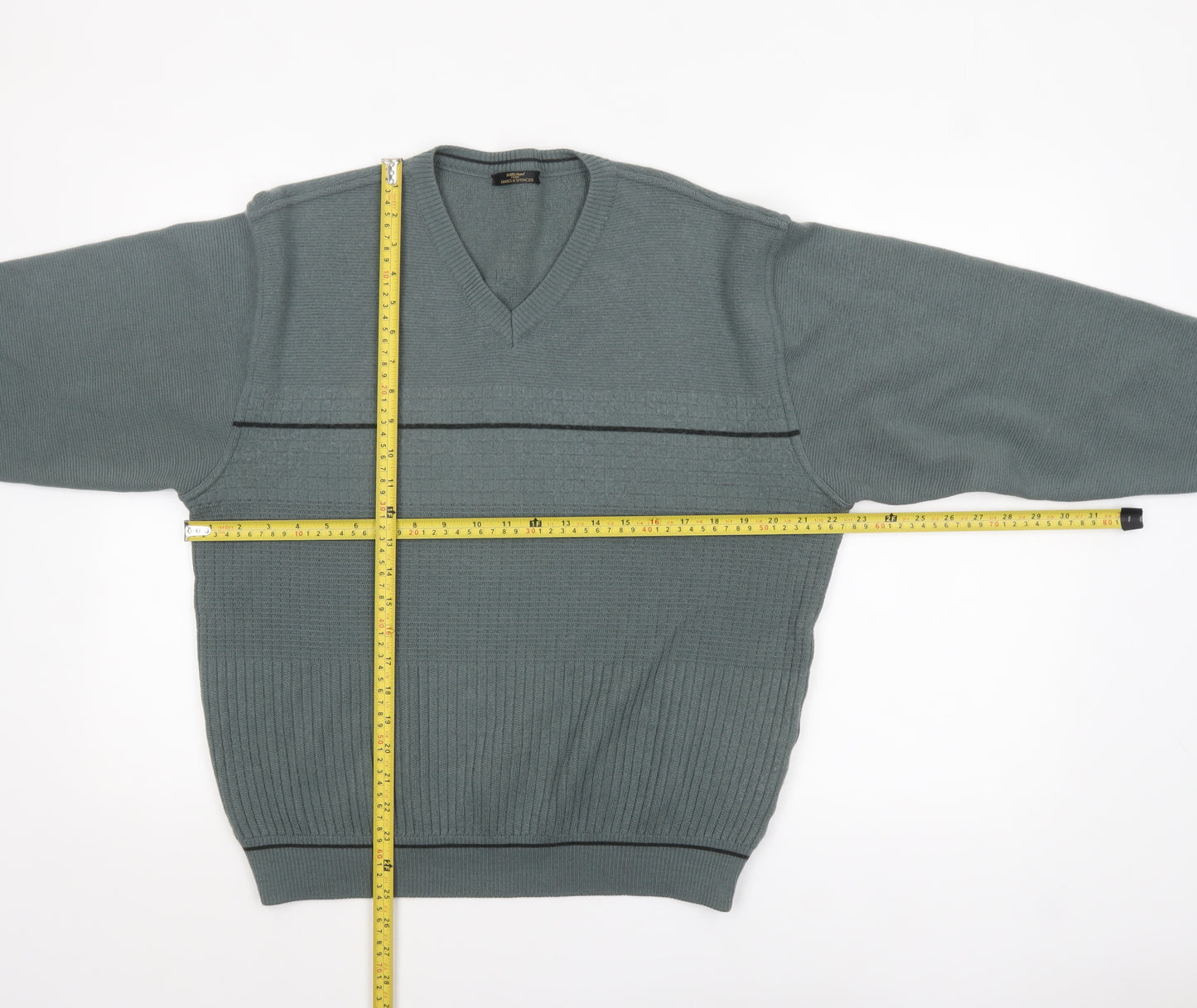 Marks and Spencer Men’s Green V-Neck Wool Blend Pullover Jumper L