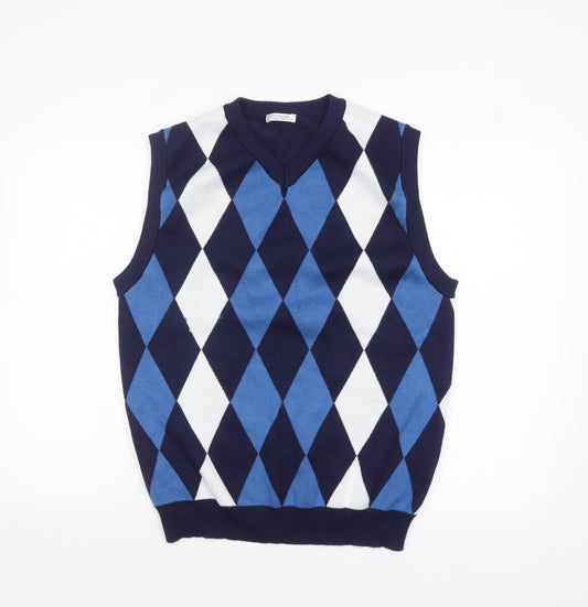 COOFANDY Men's Blue Argyle V-Neck Knit Sleeveless Vest M