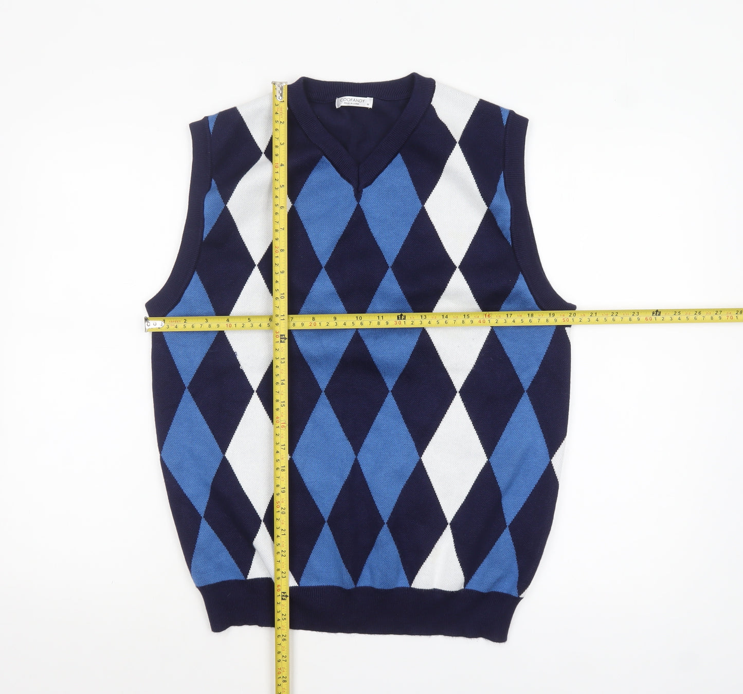 COOFANDY Men's Blue Argyle V-Neck Knit Sleeveless Vest M