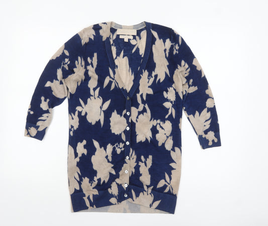 Fenn Wright Manson Women Blue Floral Merino Wool V-Neck Cardigan Size 12