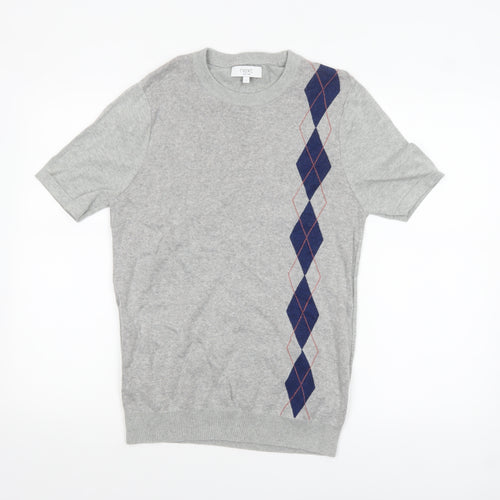 Next Men's Grey Argyle Short Sleeve Cotton Jumper Size S