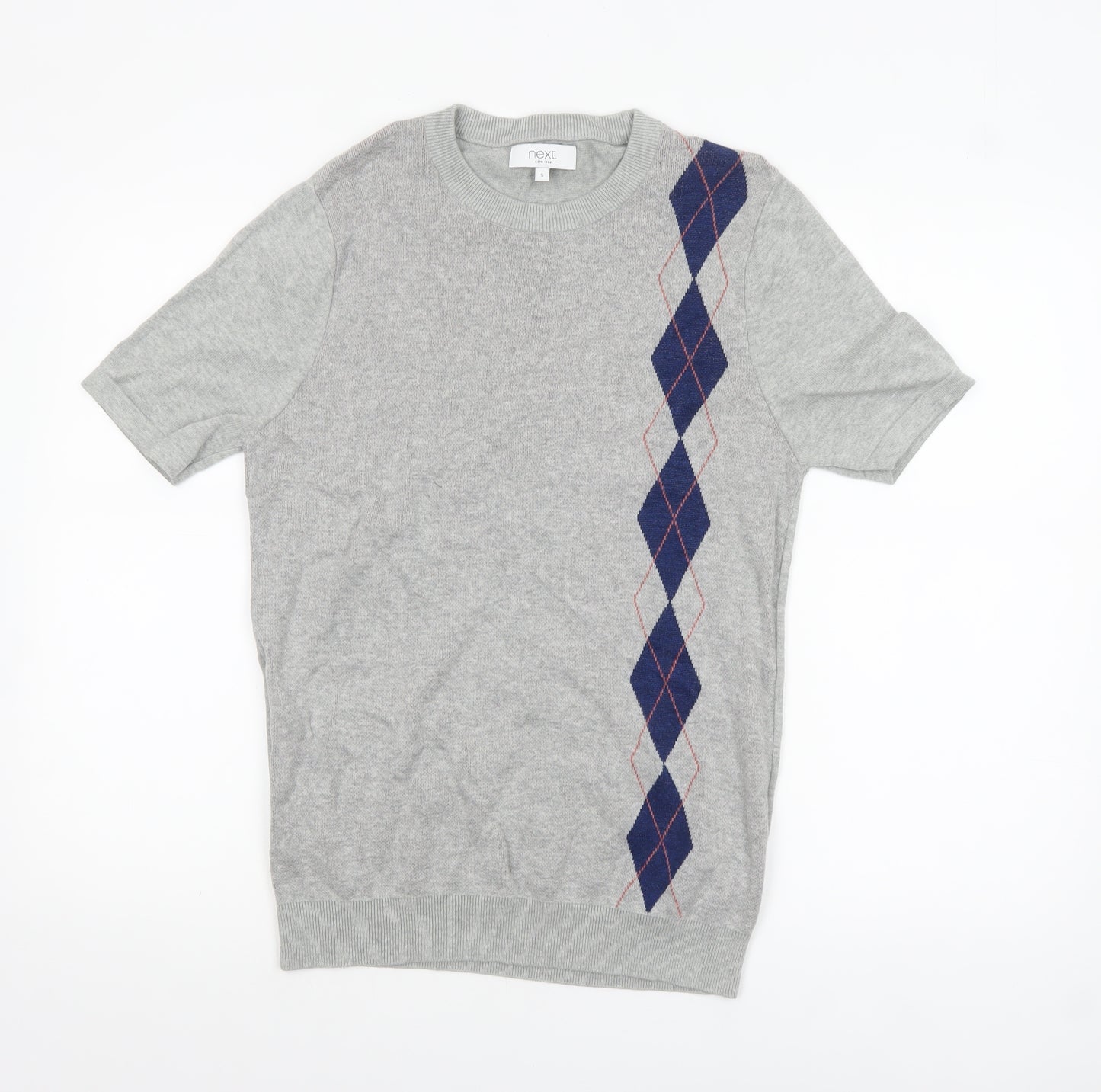 Next Men's Grey Argyle Short Sleeve Cotton Jumper Size S