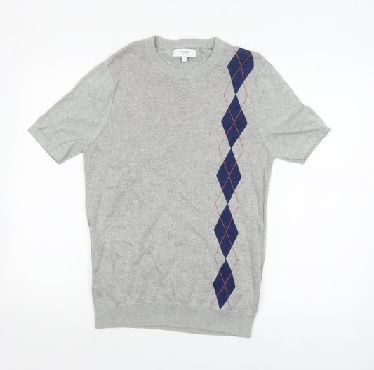Next Men's Grey Argyle Short Sleeve Cotton Jumper Size S