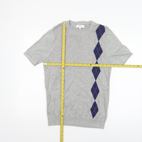 Next Men's Grey Argyle Short Sleeve Cotton Jumper Size S