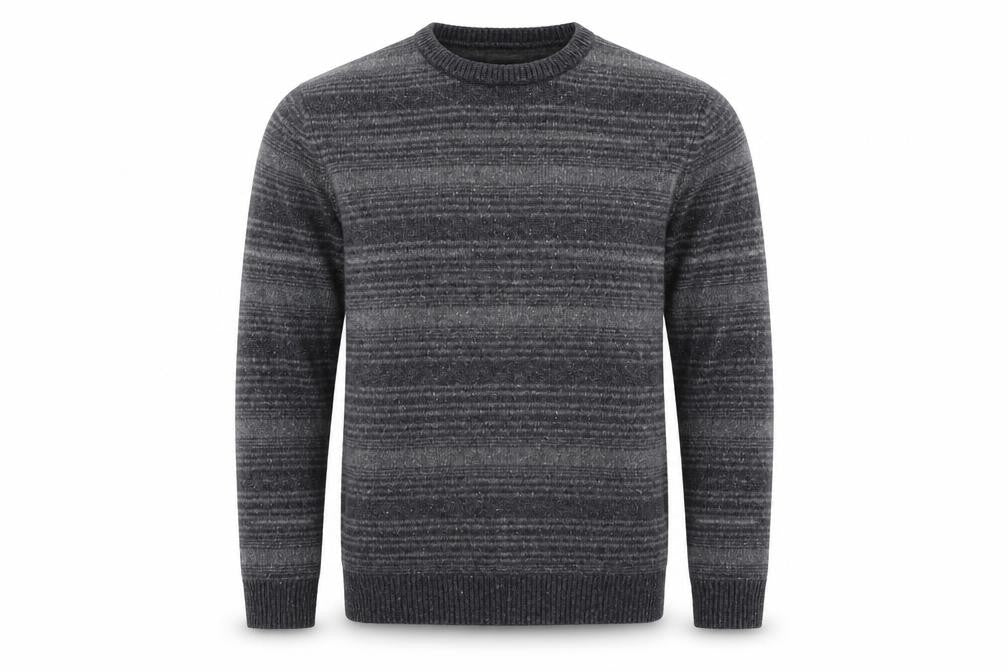 Front view of Mantaray Men's Grey Striped Wool Blend Crew Neck Jumper, size L