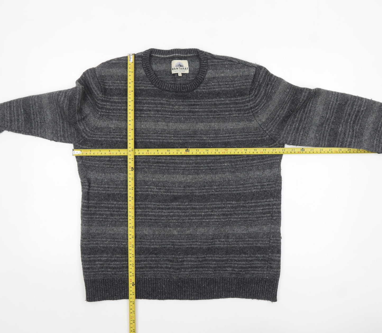 Mantaray Men's Grey Striped Wool Blend Crew Neck Jumper Size L