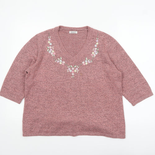 Damart Women Pink Medium 14/16 Embroidered V-Neck 3/4 Sleeve Jumper