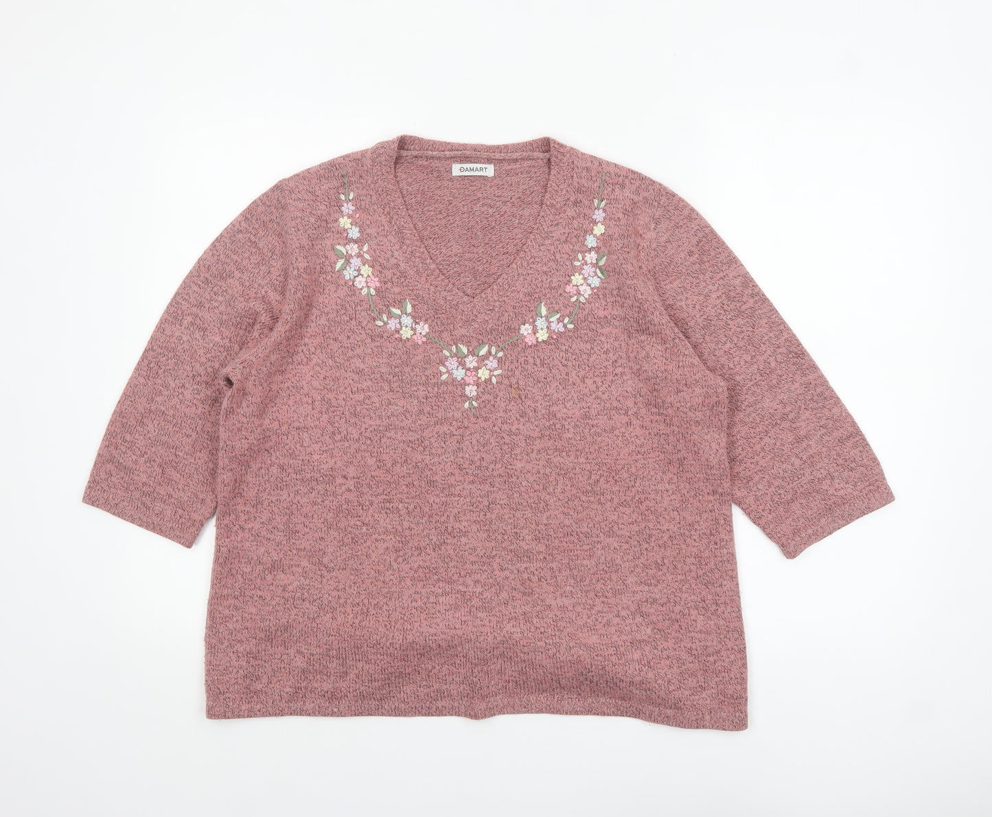 Damart Women Pink Medium 14/16 Embroidered V-Neck 3/4 Sleeve Jumper