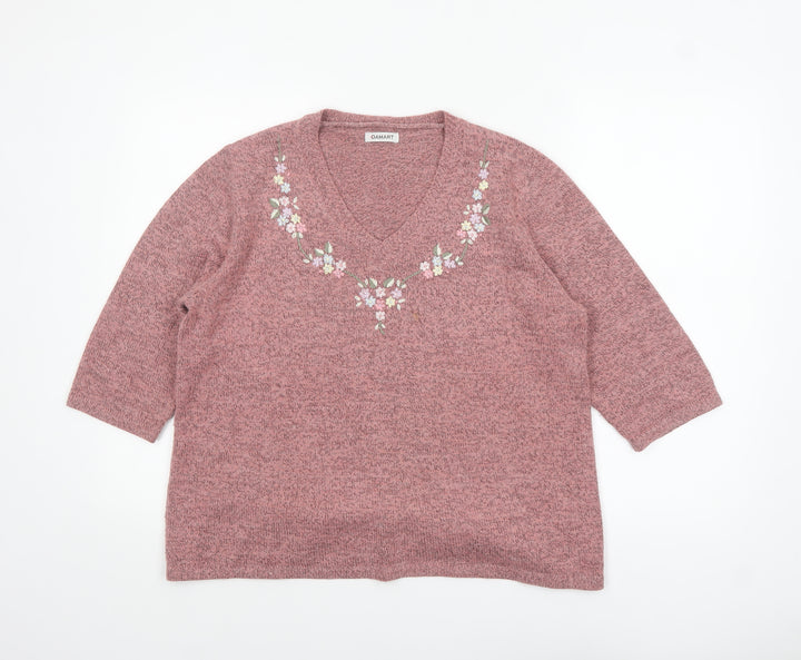 Damart Women Pink Medium 14/16 Embroidered V-Neck 3/4 Sleeve Jumper