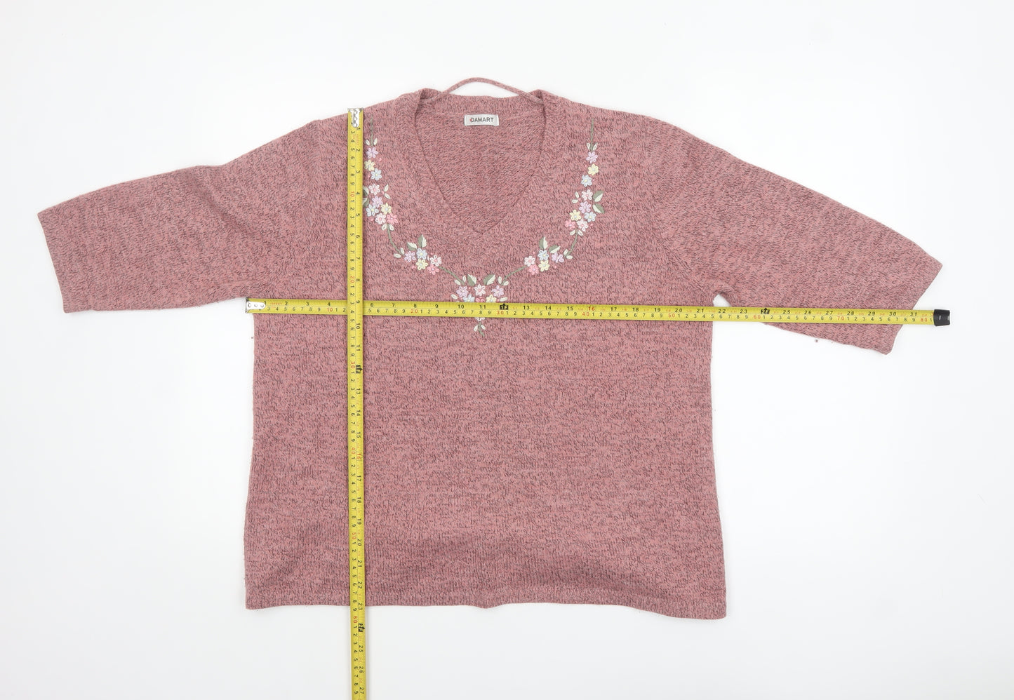 Damart Women Pink Medium 14/16 Embroidered V-Neck 3/4 Sleeve Jumper