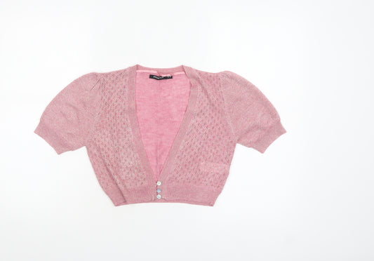 Atmosphere Women Pink Short Sleeve Open Knit Cardigan Size 10
