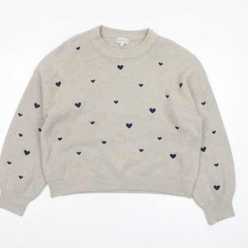 Apricot Womens Beige Heart Print Crew Neck Knit Jumper Size 12