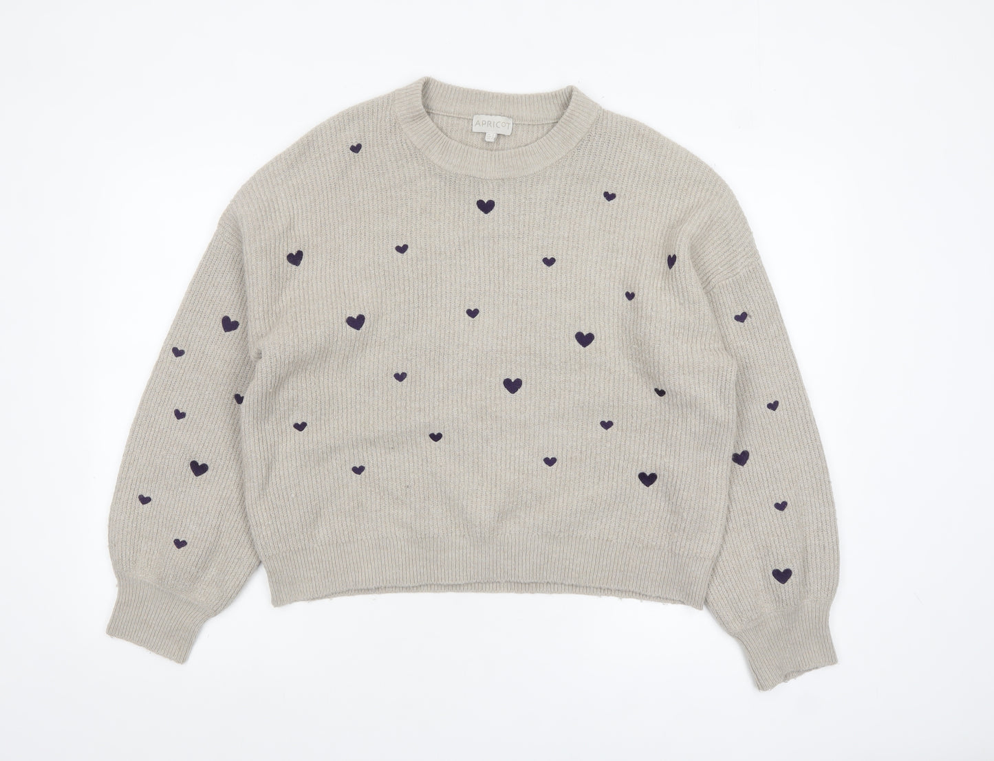Apricot Womens Beige Heart Print Crew Neck Knit Jumper Size 12