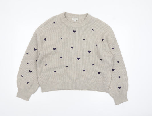 Apricot Womens Beige Heart Print Crew Neck Knit Jumper Size 12