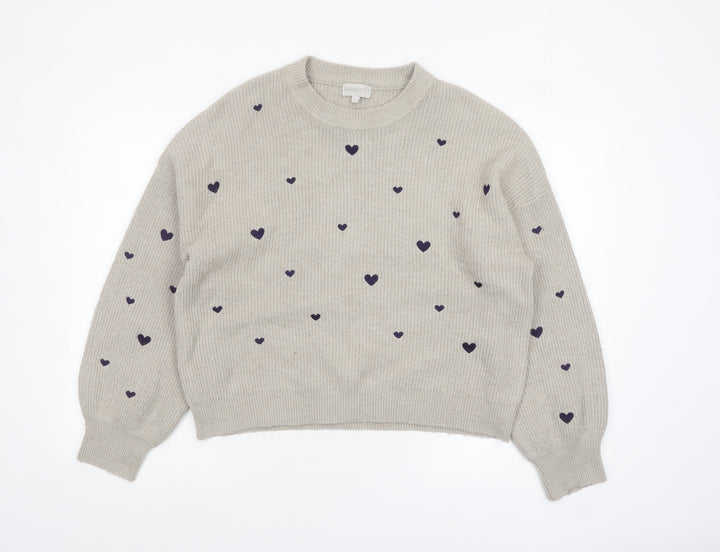 Apricot Womens Beige Heart Print Crew Neck Knit Jumper Size 12