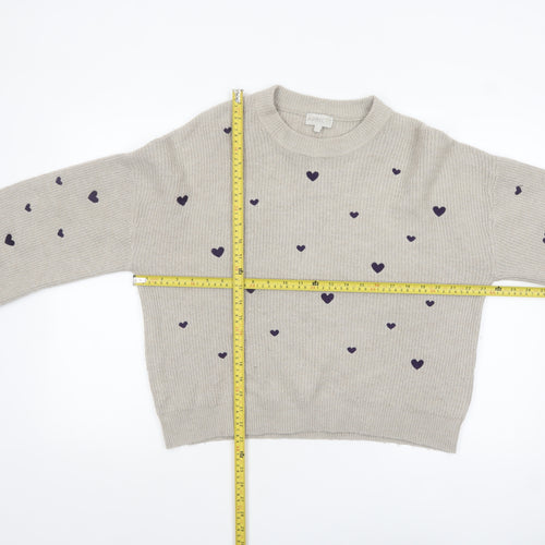 Apricot Womens Beige Heart Print Crew Neck Knit Jumper Size 12