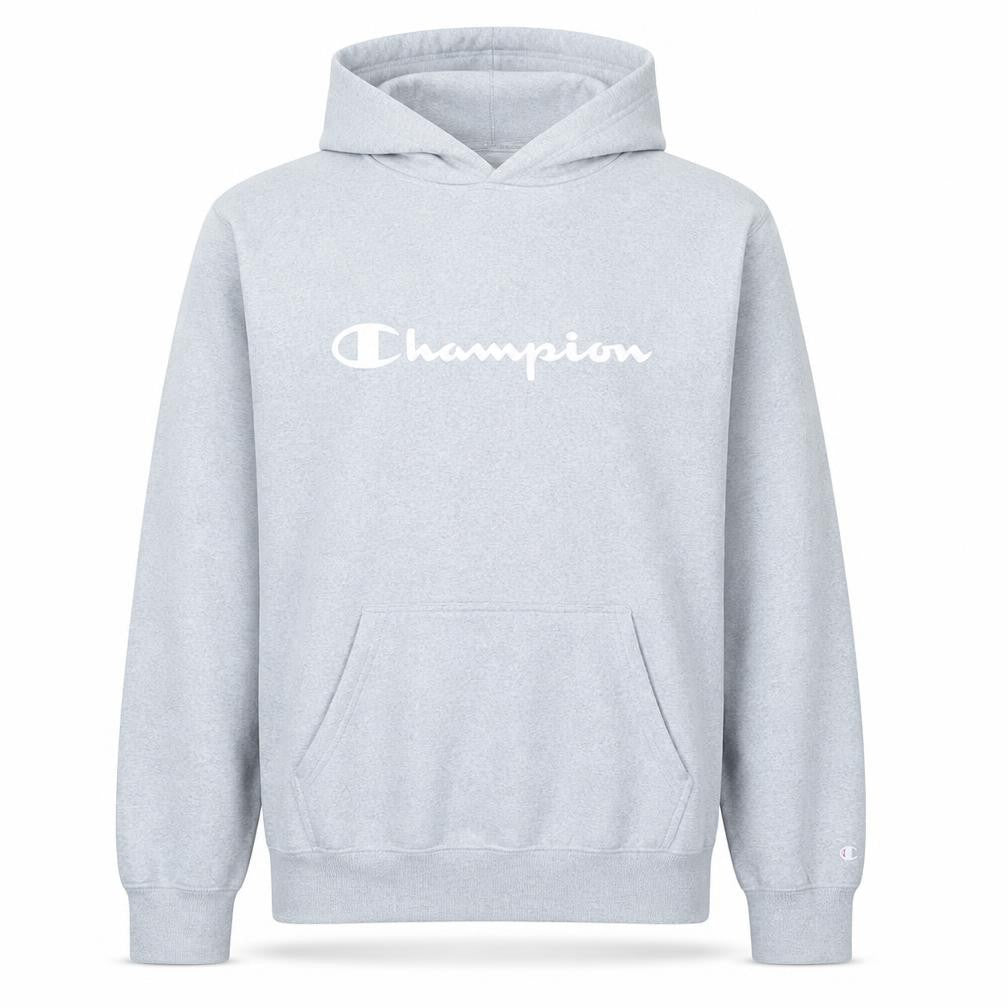 Front view of Champion Men's Grey Pullover Hoodie Large Logo Fleece Sweatshirt