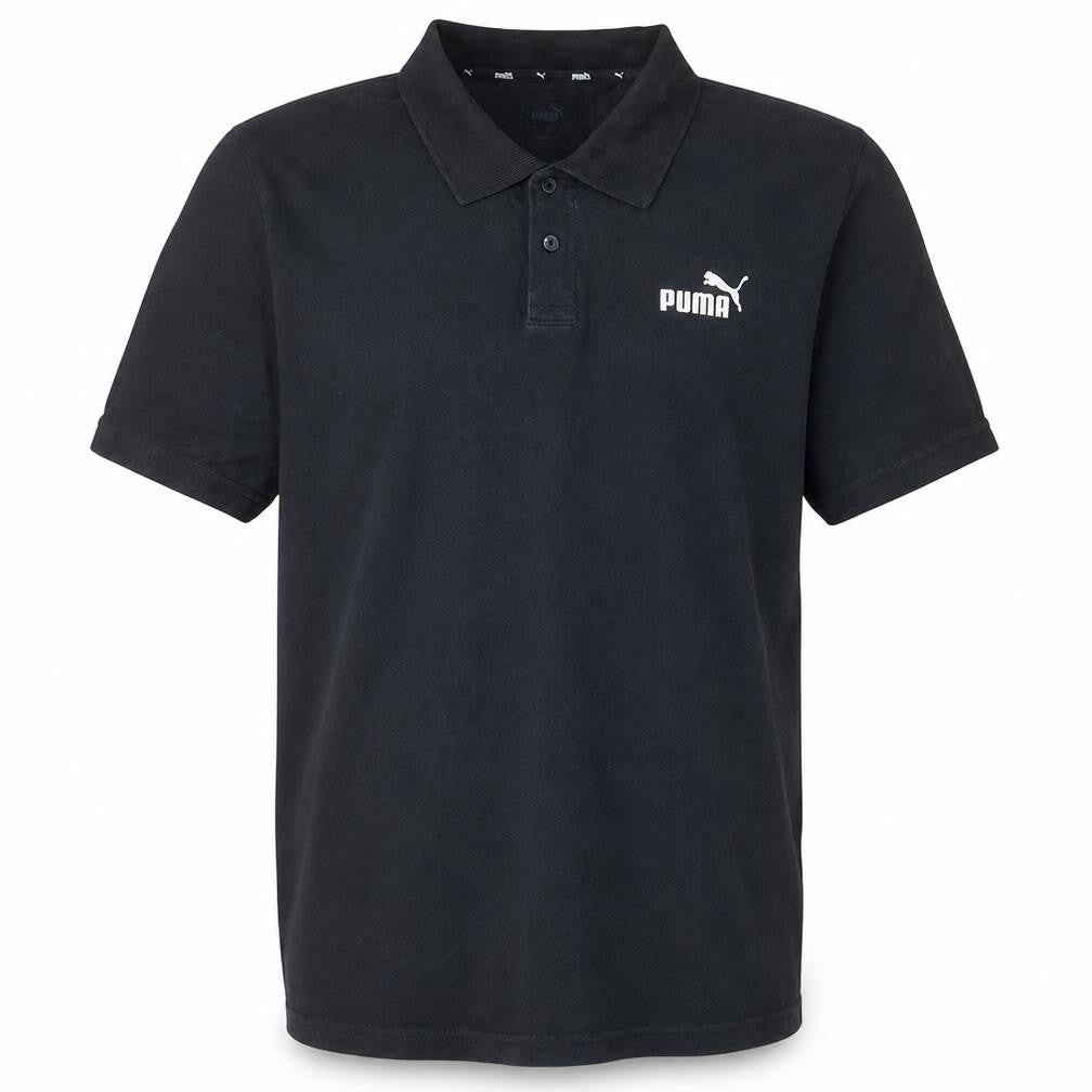 Front view of Puma men’s black cotton polo shirt, size L, regular fit